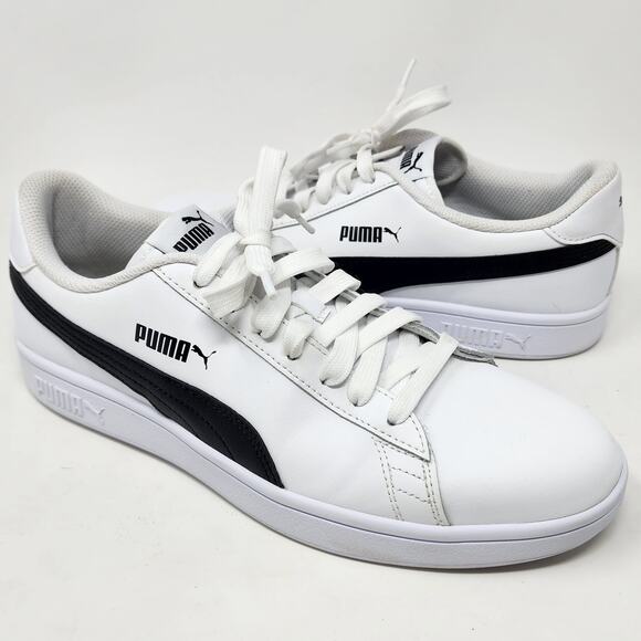 Puma Sneakers Men 10.5 Smash V2 White Leather Black Stripe Low Top 365215-01 - Picture 2 of 11